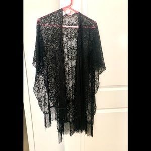Black Lace Fringe Kimono Ruana, OS
